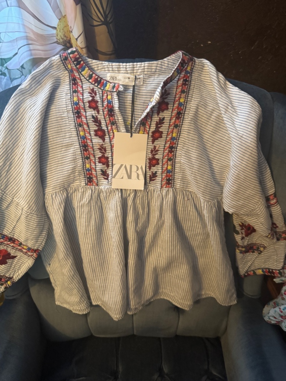 Zara White & Blue Striped Embroidered Peasant Blouse